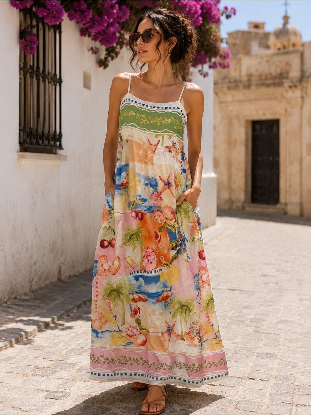 🩵🪻C&C California Multicolor Tropical Print Maxi Dress - Green, Pink, Blue - Picture 1 of 15